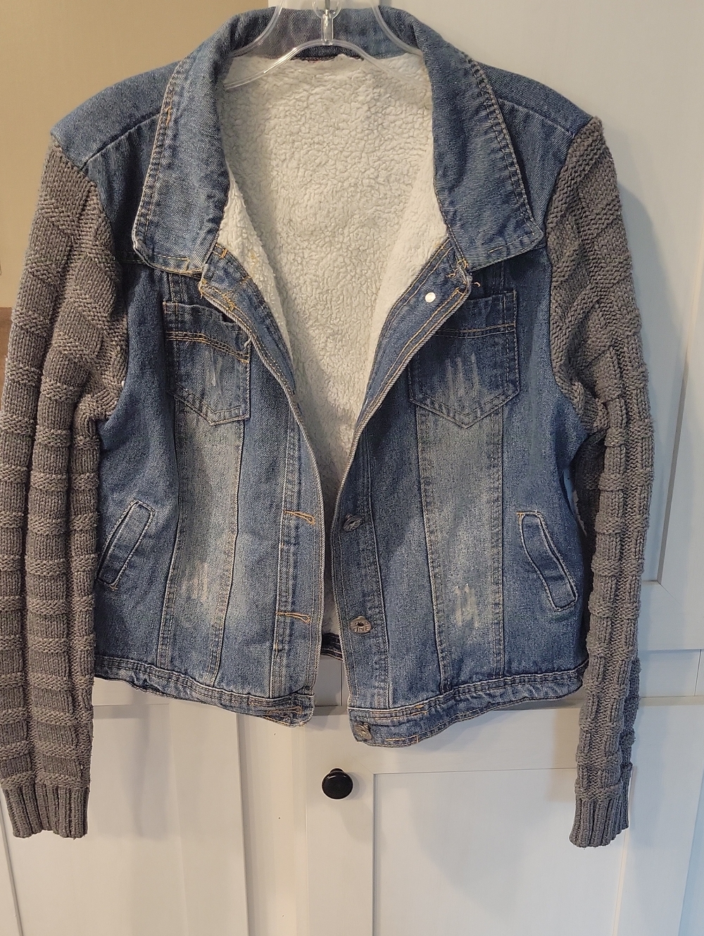 Diane Gilman Distressed Blue Denim Jacket with Gray Knit Sleeves